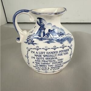Pitcher Dutch Ceramic Left Handed Poem Blue Trim Lettering 5 Ins. Tall